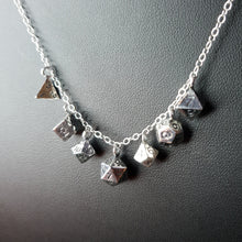 Load image into Gallery viewer, Seven mini polyhedral dice on a necklace, including a D4, D6, D100, D20, D8, D12 and aD10