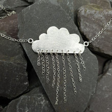 Load image into Gallery viewer, Sterling silver 2d cloud shape with silver chain hanging to look like rain. Presented on a silver china necklace.