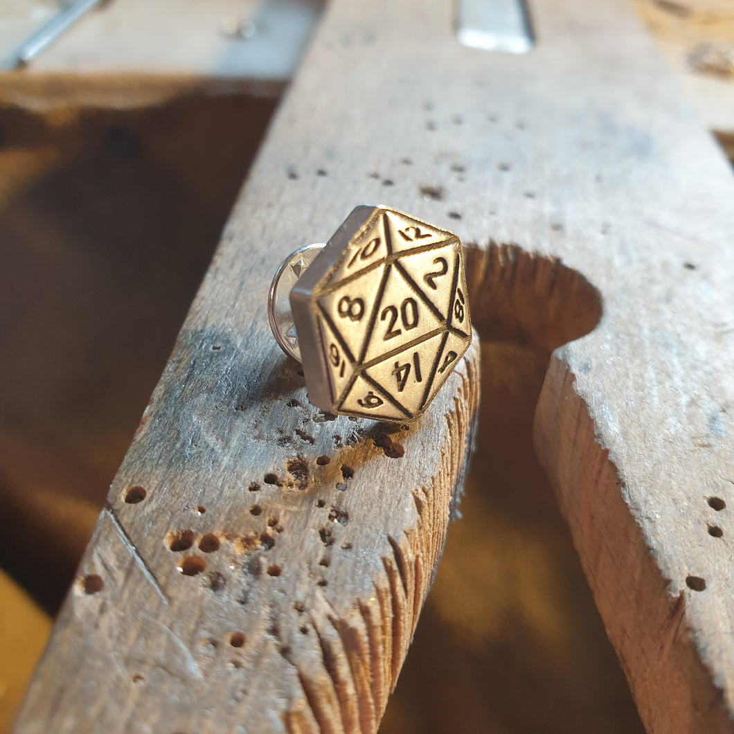 D20 lapel pin badge in solid sterling silver