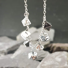 Load image into Gallery viewer, Seven mini polyhedral dice on a necklace, including a D4, D6, D100, D20, D8, D12 and aD10