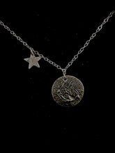 Load image into Gallery viewer, Reticulated moon and frosted sparkling star presented on a silver chain.