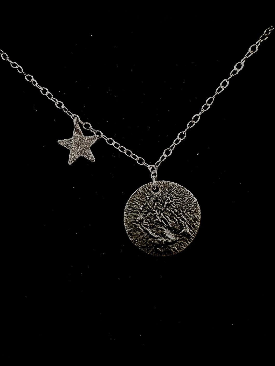 Reticulated moon and frosted sparkling star presented on a silver chain.